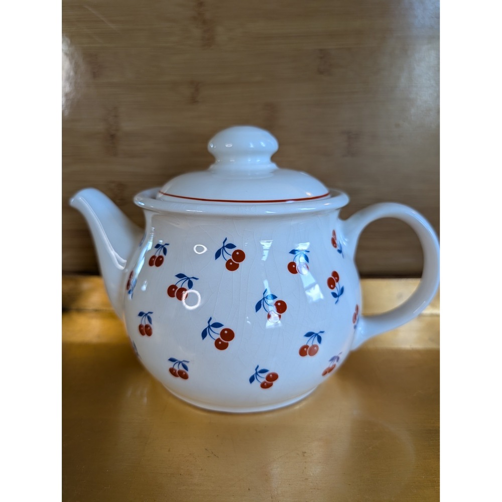 Sadler England Teapot Cherries Pattern Vintage White Ceramic Tea Pot Made in UK